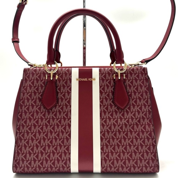Michael Kors Marilyn Medium Signature Logo Stripe Satchel Bag Cherry